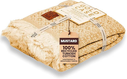 Gold Case Throw Blanket for Couch – 100% Recycled Turkish Cotton Blankets & Throws – Elegant Decorative Throw Blankets for Living Room Sofa – Woven Throws for Couch – Retro Mustard – 50x60-Ruum Studio Home