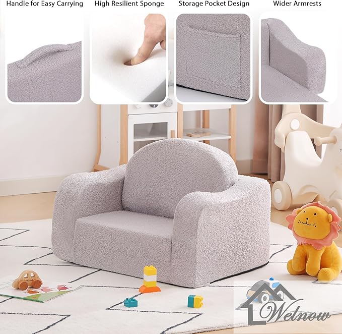 Welnow 2-in-1 Kids Sofa Chair, Convertible Toddler Chair Flip Out Children Sofa Chair with Wave Armrests Folding Kids Play Sofa with Side Pockets & Removable Cover Armchair for Girl or Boy-Ruum Studio Home