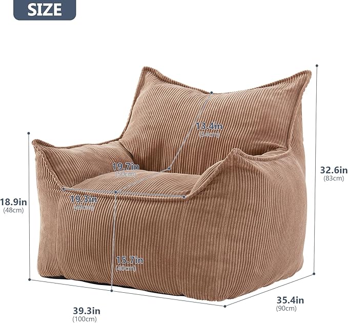 Giant Bean Bag Chair Sofa for Adults Teens, Comfy Corduroy Large Bean Bag Chairs with Armrests for Bedroom Living Room, Adult BeanBag Lazy Sofa Couch Chairs with Filler Included-Ruum Studio Home