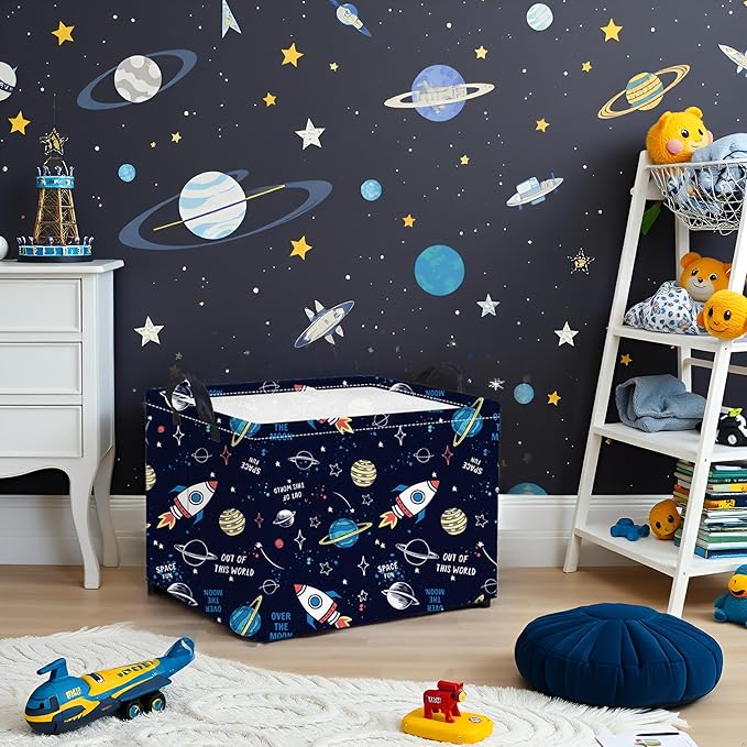 HIYAGON Rectangular Space Basket for Boys Baby Storage Basket Storage Bin Organizer Box Room Decor(Rocket Planet)-Ruum Studio Home