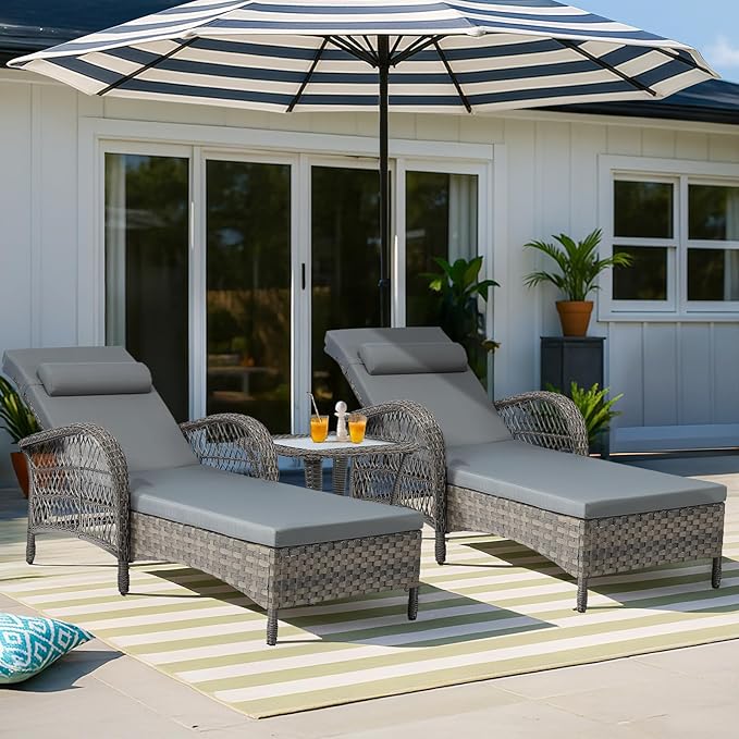 VIVIJASON 3 Pieces Outdoor Wicker Chaise Lounge Chair Set, All-Weather PE Rattan Cushioned Patio Lounger Set of 2 with Side Table, Adjustable Pool Sunbathing Recliner with Armrest & Pillow, Gray-Ruum Studio Home
