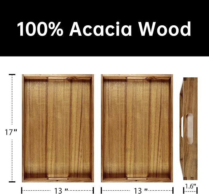 Acacia Wood Serving Tray with Handles (Set of 2)- 17-Inch Decorative Wooden Tray - Perfect for Breakfast, Lunch, Dinner, Ottoman, Coffee Table - Living Room and Couch Tray-Ruum Studio Home