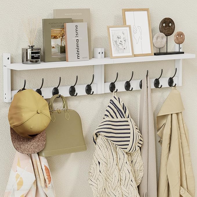 AMBIRD 34.2" L Wooden Wall Coat Hooks with Shelf - Versatile and Decorative Wall-Mounted Storage - 10 Hooks for Hanging Coats, Hats, Keys, Bags, Scarves - Ideal for Entryways, Bedrooms, Closets(White)-Ruum Studio Home
