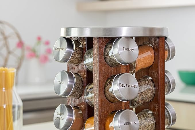 Orii 20 Jar Dark Acacia Wood Spice Rack with Spices Included - Rotating Tower Organizer for Kitchen Spices and Seasonings, (Dark Stained Acacia Wood)-Ruum Studio Home