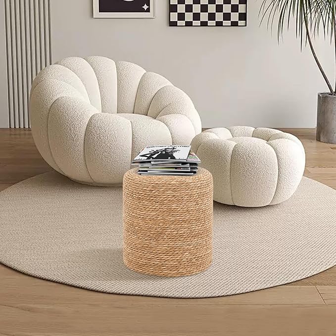 16'' Round Ottoman Natural Seagrass Braided Poof Hand Weaving Round Ottomans Boho Footrest Stool for Home Living Room Bedroom Patio(Natural)-Ruum Studio Home