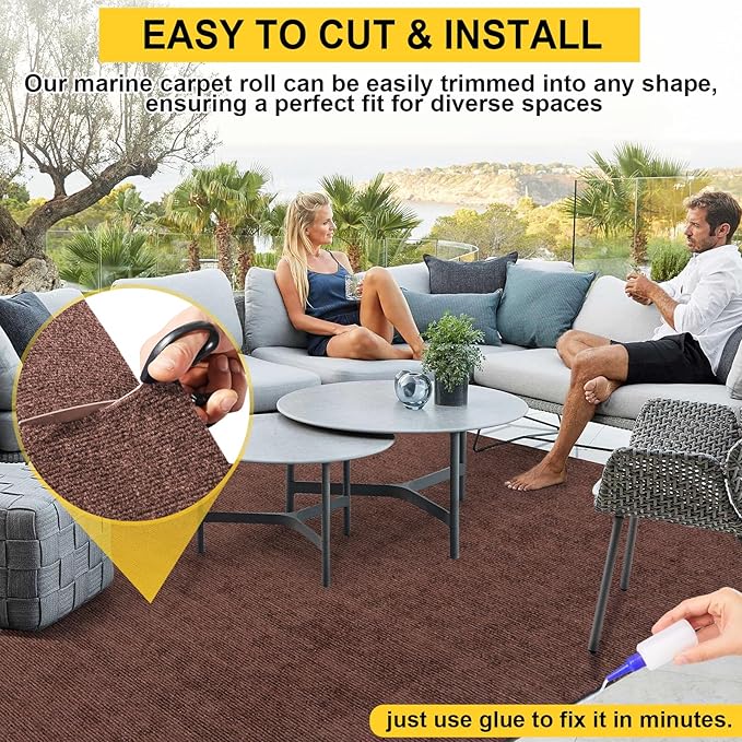 Marine Carpet, 6 FT x 14 FT Brown Indoor/Outdoor Area Rug, 0.2" Thick, Water-Resistant, Non-Slip, Machine Made, Solid, Marine Animals Theme-Ruum Studio Home