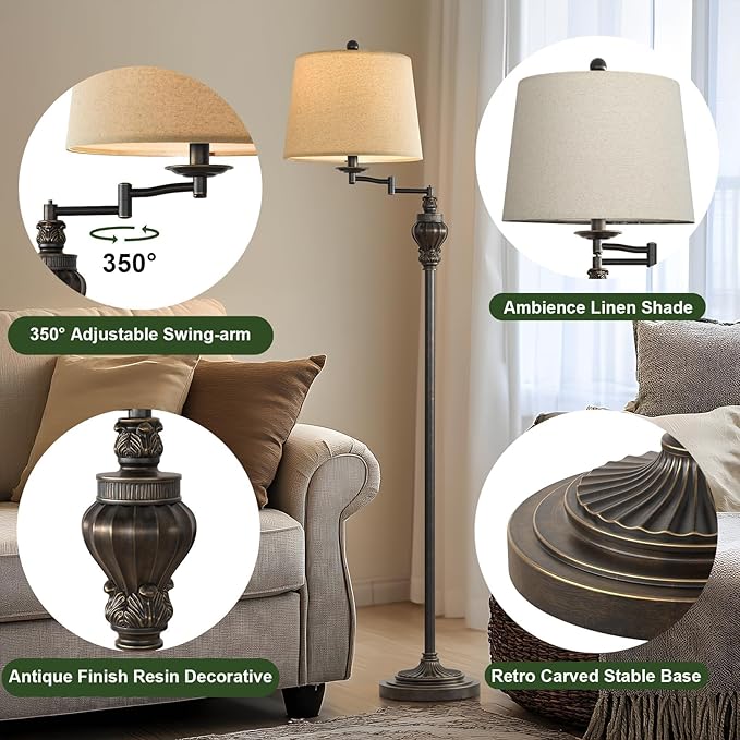 61" Vintage Floor Lamp with 350° Adjustable Swing Arm, Standing Lamp for Bedroom Living Room Bedside Nightstand Retro Farmhouse Mid Century Lamp Light Home Décor Office Gifts-Ruum Studio Home