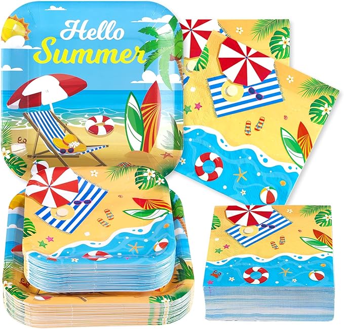 Grencian 200Pcs Beach Party Supplies Hello Summer Party Plates and Napkins Disposable Summer Pool Paper Tableware Set for Hawaiian Beach Pool Birthday Baby Showe Decorations, Serves 50-Ruum Studio Home