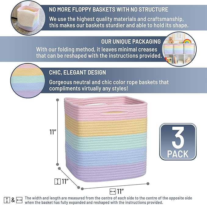 NaturalCozy Storage Cubes 11 Inch Cotton Rope Woven Baskets for Organizing, 3-Pack | Cube Storage Bin | Square Storage Baskets for Shelves Organizer, Classroom, Kids Toy Bins, Closet, Baby Nursery-Ruum Studio Home