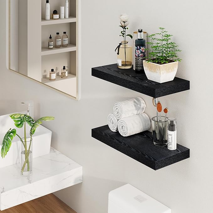 Fun Memories Rustic Black Floating Shelves 24 Inch Long, 8 Inch Deep Floating Shelf, 24 x 8 Wall Shelves Set of 2, Deep Black Bathroom Shelves, 24 Long Floating Bookshelf Wall Mounted-Ruum Studio Home