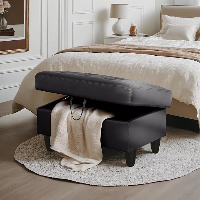 Ottoman Rectangular Storage Ottoman Bench, Faux Leather Footrest, Coffee Table, Stool Footstool with Hinged Lid for Living Room, Bedroom, Entryway, Black, 35"x23.5"x17.5"-Ruum Studio Home