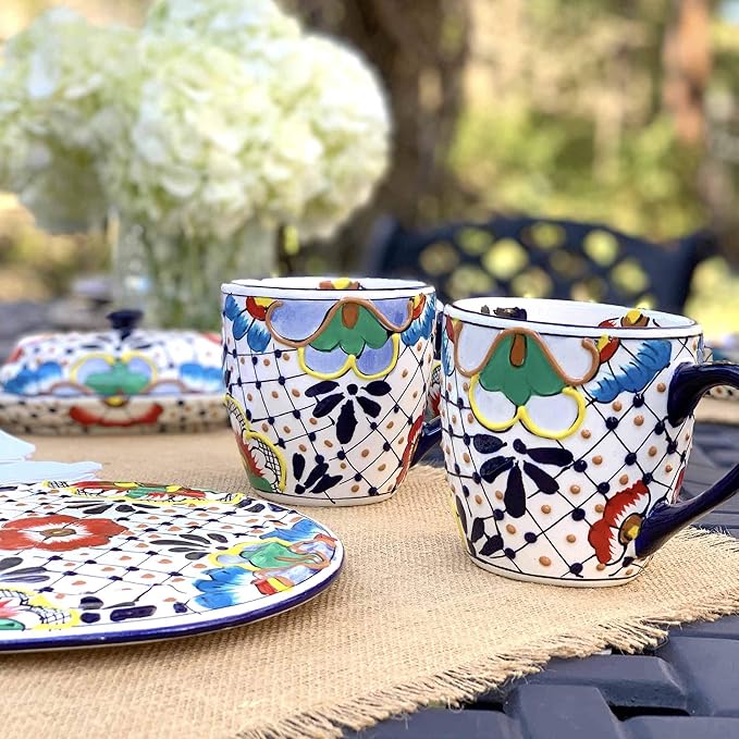 Encantada Handmade Hand-Painted Authentic Mexican Pottery Mugs (1-Pack, Dots & Flowers)-Ruum Studio Home