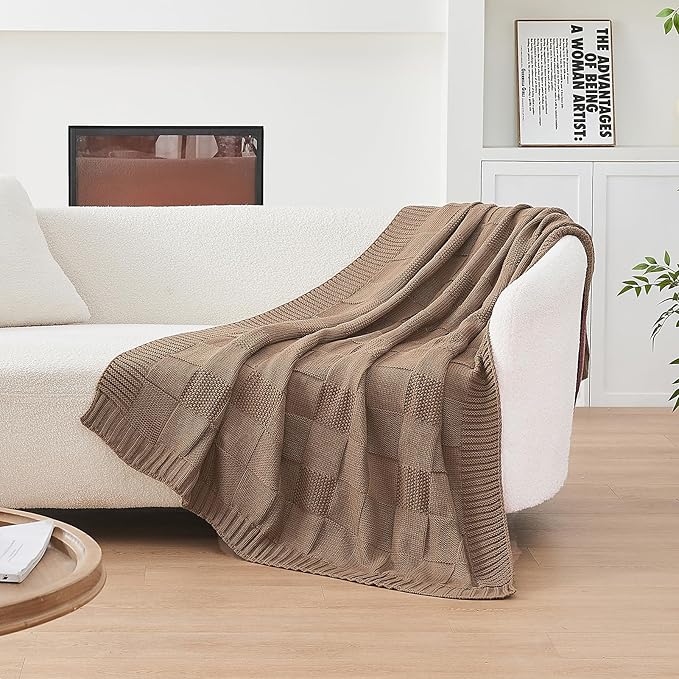 CozeCube Check Knit Throw Blanket, Light Brown Checkered Throw for Couch, Decorative Christmas Soft Cozy Warm Knitted Blanket for Bed Sofa Living Room, 60"X80"-Ruum Studio Home