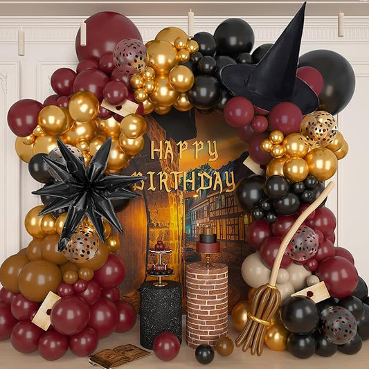 Amandir Magical School Balloons Arch Garland Kit, Maroon Burgundy Black Gold Confetti Balloons with Witch Hat Foil Star Balloon for Magic Themed Birthday Decorations Baby Shower Party Supplies-Ruum Studio Home