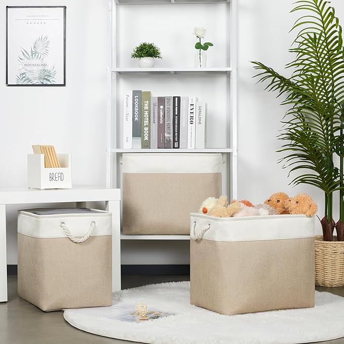 Bidtakay Extra Large Storage Baskets for Organizing 17x12x15.1 inch 3-Pack Fabric Closet Organizers Storage Bins with Handles Foldable Storage Baskets for Shelves Clothes XL-White&Beige-Ruum Studio Home