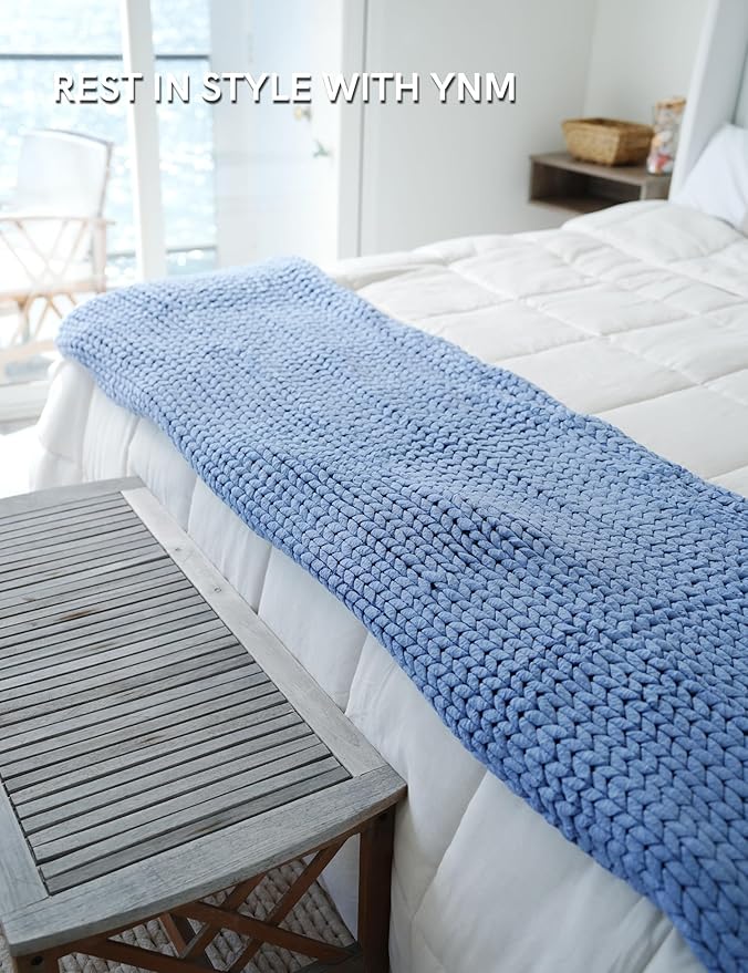 YnM Chunky Throw Blanket, Medium-Weight, Hand Knitted, Skin Friendly, Ventilated and Breathable, Machine Washable, Home Décor Piece for Couch, Sofa and Bed (Cerulean Blue, 50x70 Inch)-Ruum Studio Home