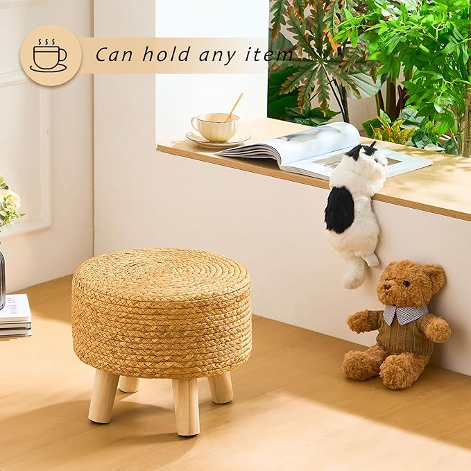 Handwoven Round Ottoman, Natural Water Hyacinth Outdoor Patio Pouf Seagrass Low Stool with Wood Legs, Soft Padded Footrest for Living Room Bedroom Garden, Natural-Ruum Studio Home