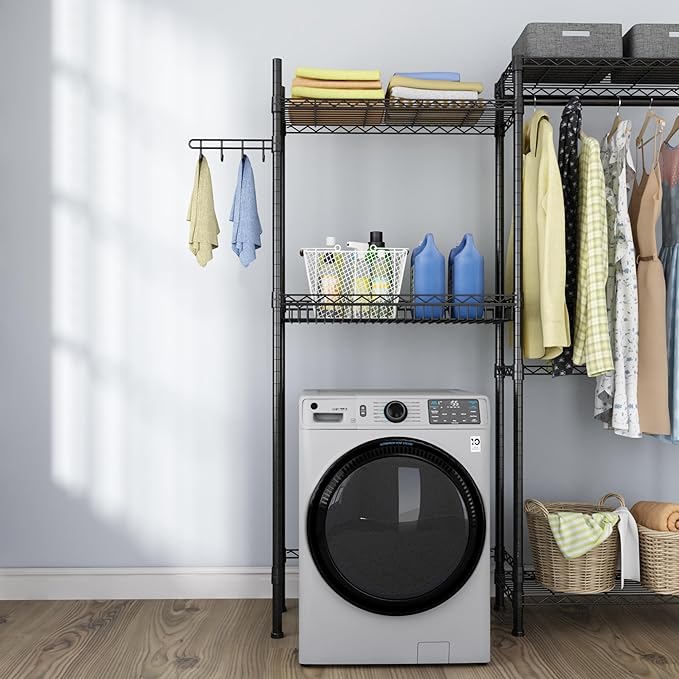 Over Washer and Dryer Shelves,Laundry Room Storage Organization Clothes Drying Rack,4 Tier Adjustable Height Wire Shelving with Wire Basket,Hanger Rod&Hook,Space Saving Shelf-Ruum Studio Home