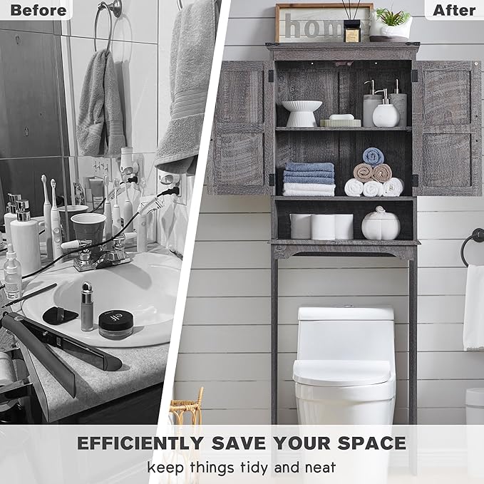 Over The Toilet Storage Cabinet, Farmhouse Bathroom Cabinet with Adjustable Shelf & Barn Door, 67" Tall Over The Toilet Shelf, Grey Wash-Ruum Studio Home