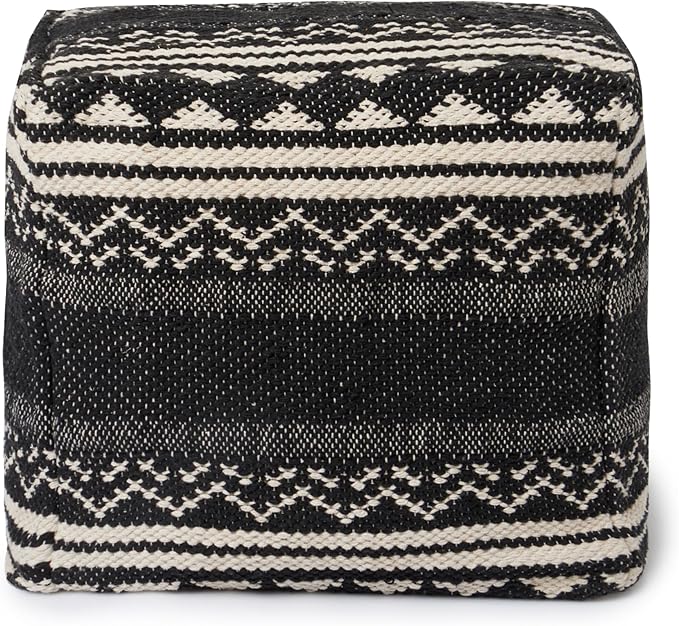 REDEARTH · Tufted Pouf Ottoman with Filler Textured Storage Cube Bean Bag Pouffe Footrest for Living Room, Bedroom, Nursery, Kidsroom; 100% Cotton (17.5"X17.5"X17.5", Ziggurat Obsession Black)-Ruum Studio Home