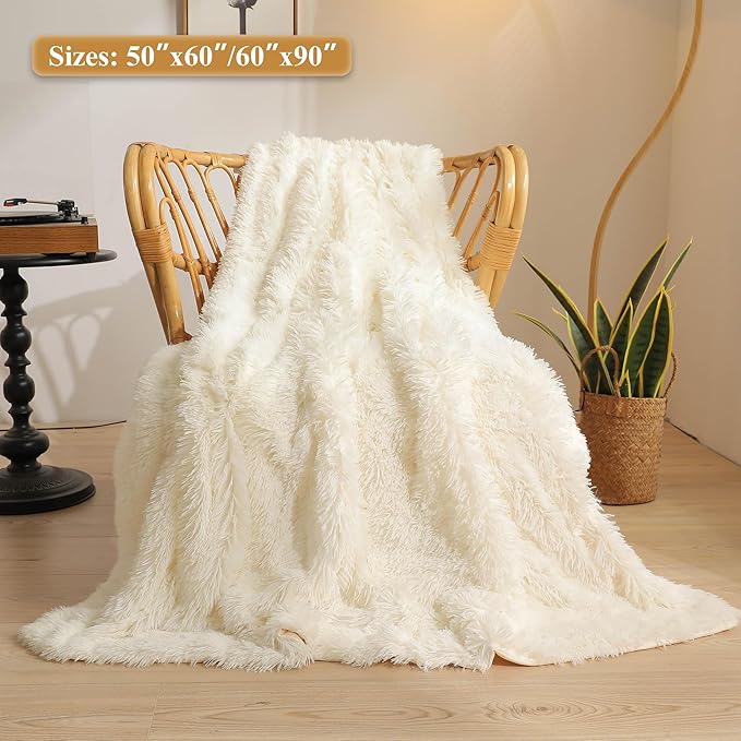 XeGe Luxury Faux Fur Blanket, Ivory Soft Big Fluffy Throw, Shaggy Plush Decorative Couch Blanket, Cute Off White Furry Fuzzy Throw for Bed Bedroom Living Room Beige, 60x90-Ruum Studio Home