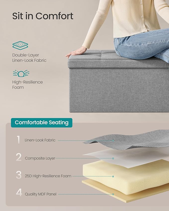 SONGMICS MAZIE Collection - 43 Inches Folding Storage Ottoman Bench, Ottoman Foot Rest, End of Bed Bench, Storage Chest, Load 660 lb, for Living Room, Bedroom, Entryway, Light Gray ULSF77G-Ruum Studio Home