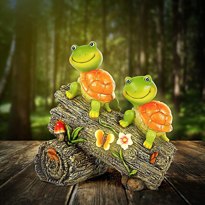 Garden Turtle Figurines Outdoor Decorations, Solar Powered Sweet Frog Face Turtles Resin Statue with 4 LED Lights, Garden Art Spring Fall Winter Christmas Decor for Patio Lawn Yard-Ruum Studio Home