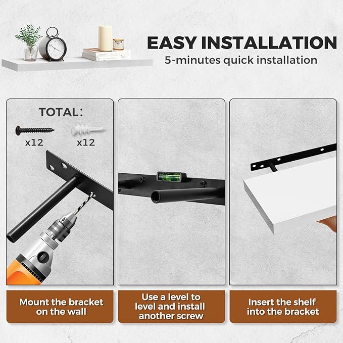 Floating Wall Shelves - 16"x6.8"x1.2" Sturdy Rustic White Solid Wood Shelves for Storage and Décor, Easy Installation for Living Room, Bedroom, and Kitchen - 2 Pack-Ruum Studio Home