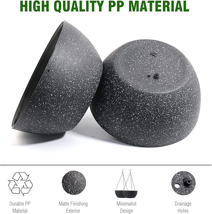 13 inch Large Hanging Planters Plant Pots for Outdoor Indoor Plants with Drainage Holes and Chain, 2 Pack Round Hanging Flower Pots for Garden Home Porch Decor, Speckled Black-Ruum Studio Home