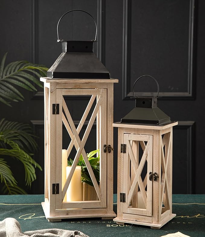 TIMRIS Large Wooden Candle Lanterns Decorative Set of 2, Rustic Farmhouse Whitewash Floor Lanterns, Indoor/Outdoor Hanging Lanterns for Home Decor (No Glass)-Ruum Studio Home