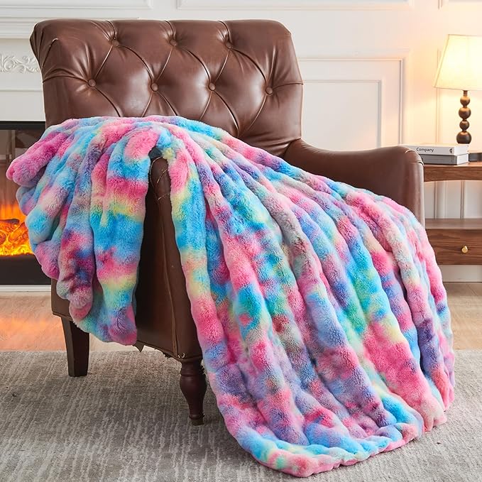 NEWCOSPLAY Faux Fur Twin Blanket Dark Rainbow Luxury Fluffy Thick Warm Bubble Blanket for Couch Sofa Bed 700GSM (Dark Rainbow, Twin(60"x80"))-Ruum Studio Home