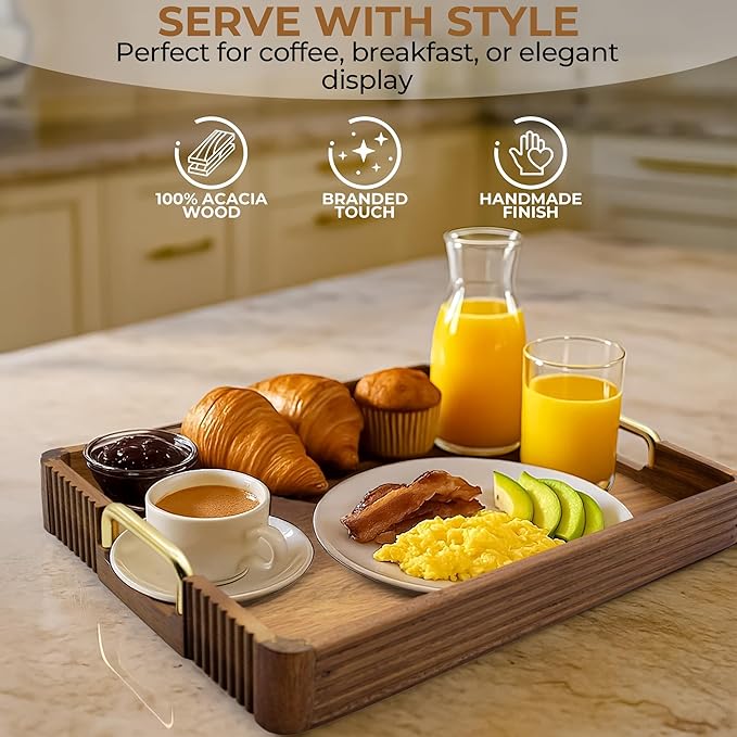 Acacia Wood Serving Tray with Metal Handles – 17x12in Rustic Decorative Ottoman & Coffee Table Tray for Breakfast in Bed, Dinner, Bar, Kitchen, Home Décor & Entertaining-Ruum Studio Home