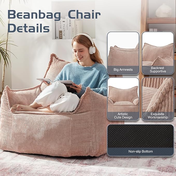 Giant Bean Bag Chair Sofa for Adults Teens, Comfy Corduroy Large Bean Bag Chairs with Armrests for Bedroom Living Room, Adult BeanBag Lazy Sofa Couch Chairs with Filler Included-Ruum Studio Home
