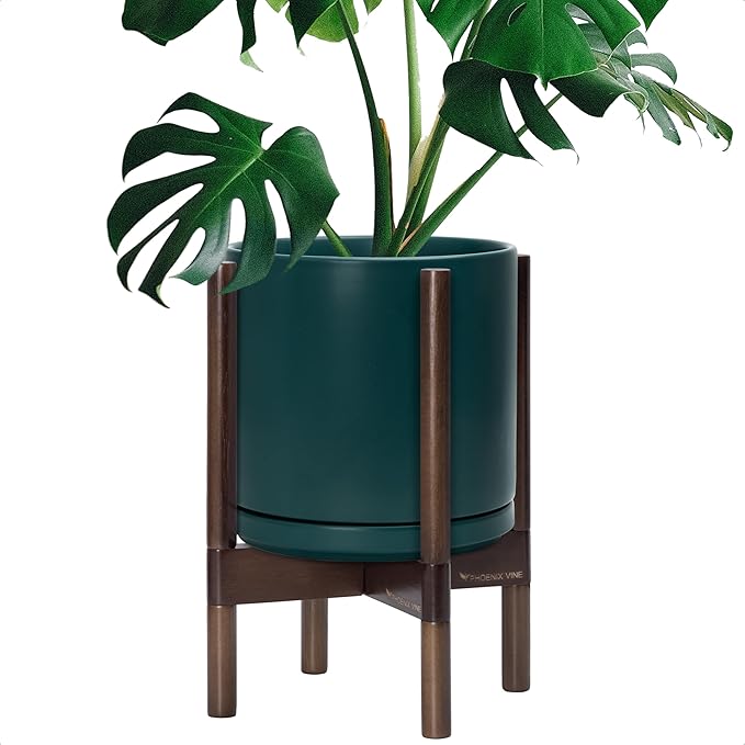 D'vine Dev Ceramic Planter with Walnut Color Stand - 10 Inch Modern Round Flower Pot with Wood Planter Holder, Teal, 55-B-X-4-Ruum Studio Home