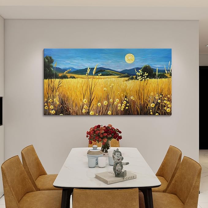 AJAZIKO Landscape Wall Art Moon Framed Canvas Wall Art Large Yellow Living Room Wall Decor Fall Paintings for Bedroom Nature Office Artwork 24×48IN-Ruum Studio Home