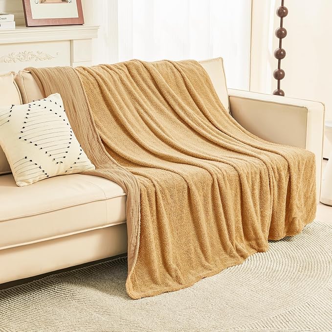 EMME Muslin and Fleece Queen Blanket Reversible - 80"*90" Beige Soft Warm Throw Blankets for Couch Bed Picnic Travel Bed-Ruum Studio Home