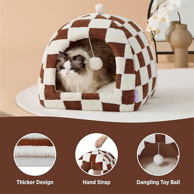 Lesure Cute Cat Beds for Indoor Cats - 2 in 1 Cat Cave Bed for Large Cats, House with Removable Washable Cushioned Pillow, Cozy Tent House with Non-Slip Bottom, Brown, 17.3 inches-Ruum Studio Home