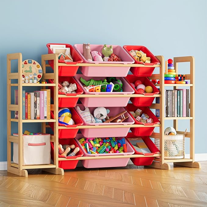 SpaceAid Toy Storage Organizer with 6 Shelves and 12 Bins, Toy Organizers Storage Bookshelf, Kids Bin Shelf Toys Box Bookcase for Bedroom Playroom Organization Room Decor, Red and Pink-Ruum Studio Home