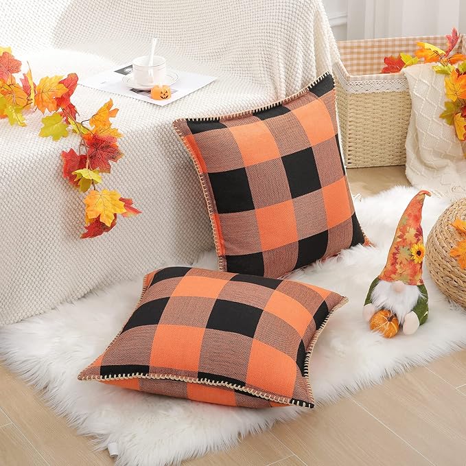 decorUhome Fall Orange and Black Decorative Throw Pillow Covers 16x16 Set of 2, Buffalo Plaid Check Farmhouse Cushion Covers with Stitched Edge for Autumn Harvest Couch Sofa Bed Home Decor-Ruum Studio Home