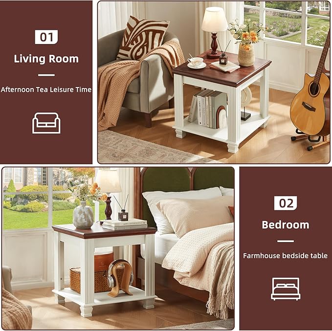 Farmhouse End Table Set of 2,Large Side Table with 2-Tier Storage Shelf,Rustic Wood End Tables for Living Room,Square Tea Table,White-Ruum Studio Home