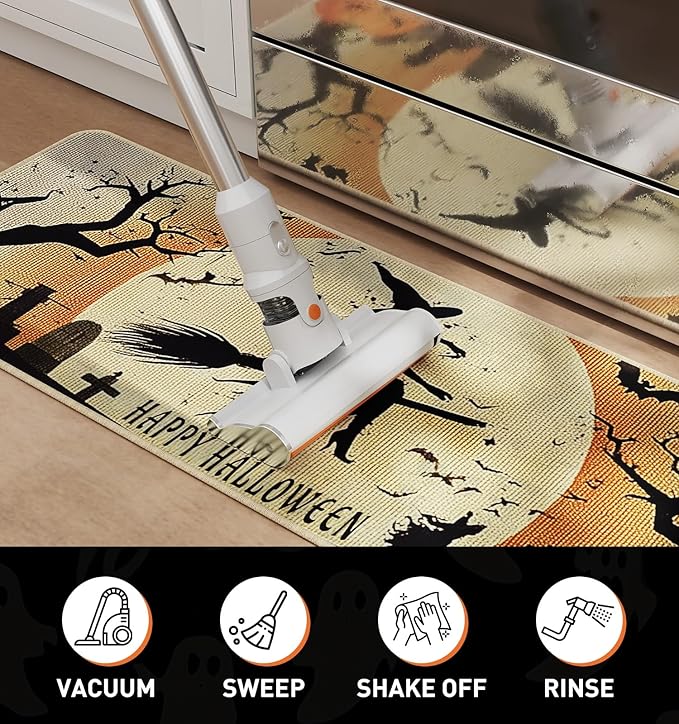 Halloween Kitchen Mat Set of 2, Spooky Witch Pumpkin Cat Halloween Kitchen Decor, Halloween Rug for Floor, Indoor Spooky Home Decor with Non-Slip Backing,17 x 29 Inch & 17 x 47 Inch-Ruum Studio Home
