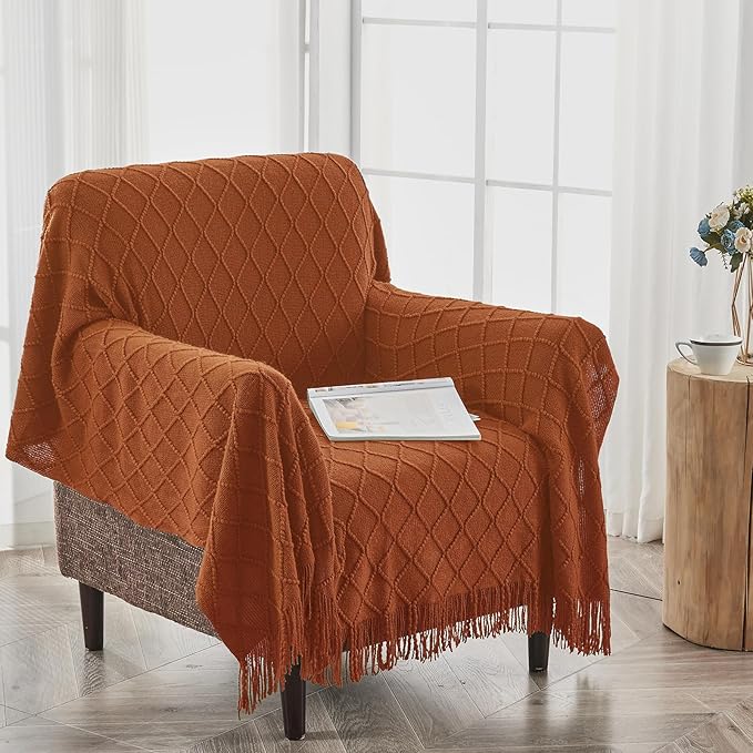 inhand Knitted Throw Blankets for Couch and Bed, Soft Cozy Knit Blanket with Tassel, Orange Rust Lightweight Decorative Blankets and Throws, Farmhouse Warm Woven Blanket for Men and Women, 60"x80"-Ruum Studio Home