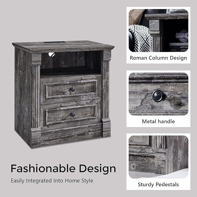 26" Tall Farmhouse Nightstand, 2 Drawers End Table w/Charging Station, 23.6" Wide Large Side Table w/Roman Column, Wood Rustic Sofa Table w/Open Shelf, Bedside Table for Bedroom, Light Gray-Ruum Studio Home