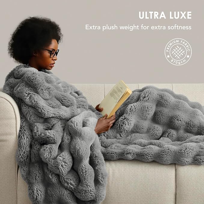 EVERGRACE Ultra Soft Luxury Fluffy Ridgeline Faux Rabbit Fur Throw Blanket, Thick Warm Bubble Throw for Bed, Cozy Plush Reversible Blankets for Couch, Chair, Sofa, Grey, 50x60 Inches, 870 GSM-Ruum Studio Home