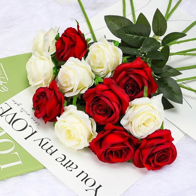 Red Fake Roses Artificial Flowers - 10 Pcs Fake Artificial Roses Silk Flowers with Stems for Home Wedding Hotel Office Centerpiece Decor-Ruum Studio Home
