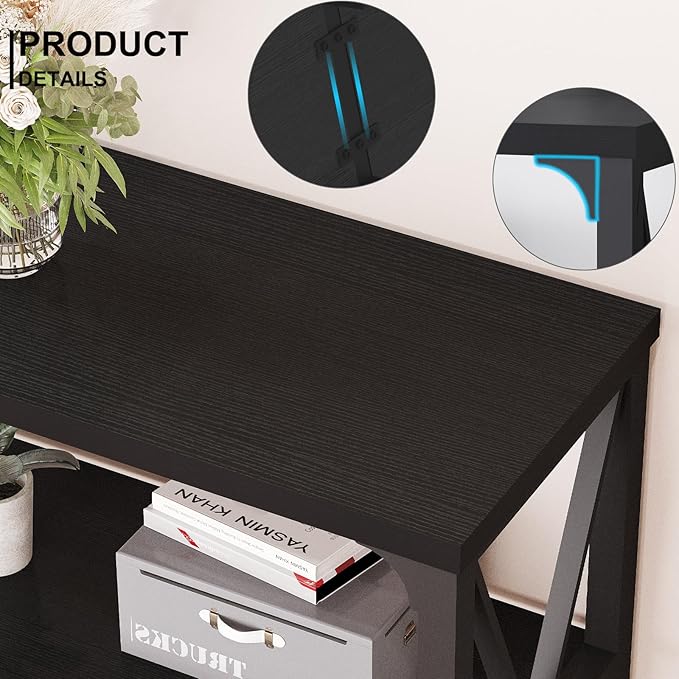 LVB Black Console Table, Modern Entryway Table with 3 Tier Storage Shelves, Industrial Sofa Table Behind Couch for Living Room, Farmhouse Wood Metal Entry Table for Hallway Foyer, Black Oak, 55 Inch-Ruum Studio Home