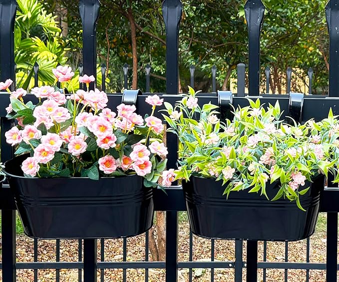 4 Pack Metal Hanging Planter for Outdoor Plants, 10 Inch Black Fence Planters Railing Pots for Garden Patio Balcony Decor, Flower Bucket with Detachable Hooks (Black, 4Pcs)-Ruum Studio Home