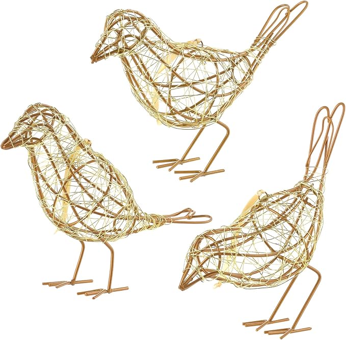 Artisan Handmade Gold-Wire Woven Bird Statues Trio Table Decor- Modern Farmhouse Shelf Decor with Hanging Chain, Multi-Pose Metal Bird Figurines for Home Office & Holiday Display-Ruum Studio Home