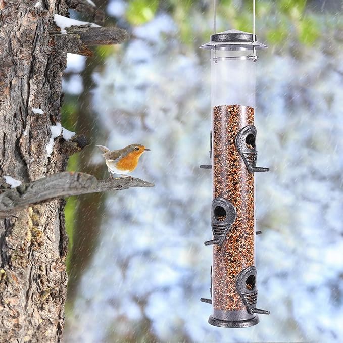 MIXXIDEA 1PK Metal Bird Feeders with 6 Feeding Ports,Tube Bird Feeder with Steel Hanger,Hard Plastic Wild Bird Feeder for Outdoors Hanging, Attracting Birds in Your Lawn, Garden, Balcony-Grey-Ruum Studio Home