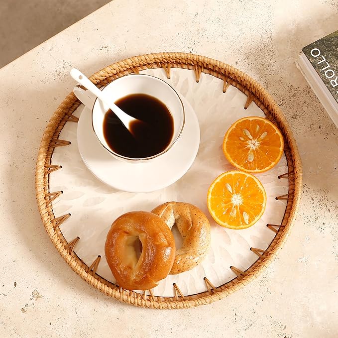 Round Rattan Tray with Mother of Pearl Inlay & Wooden Base - Decorative Wicker Serving Tray for Coffee/Bread/Fruits, Food Storage & Display - Multipurpose Home Decor (M,White Leaves)-Ruum Studio Home